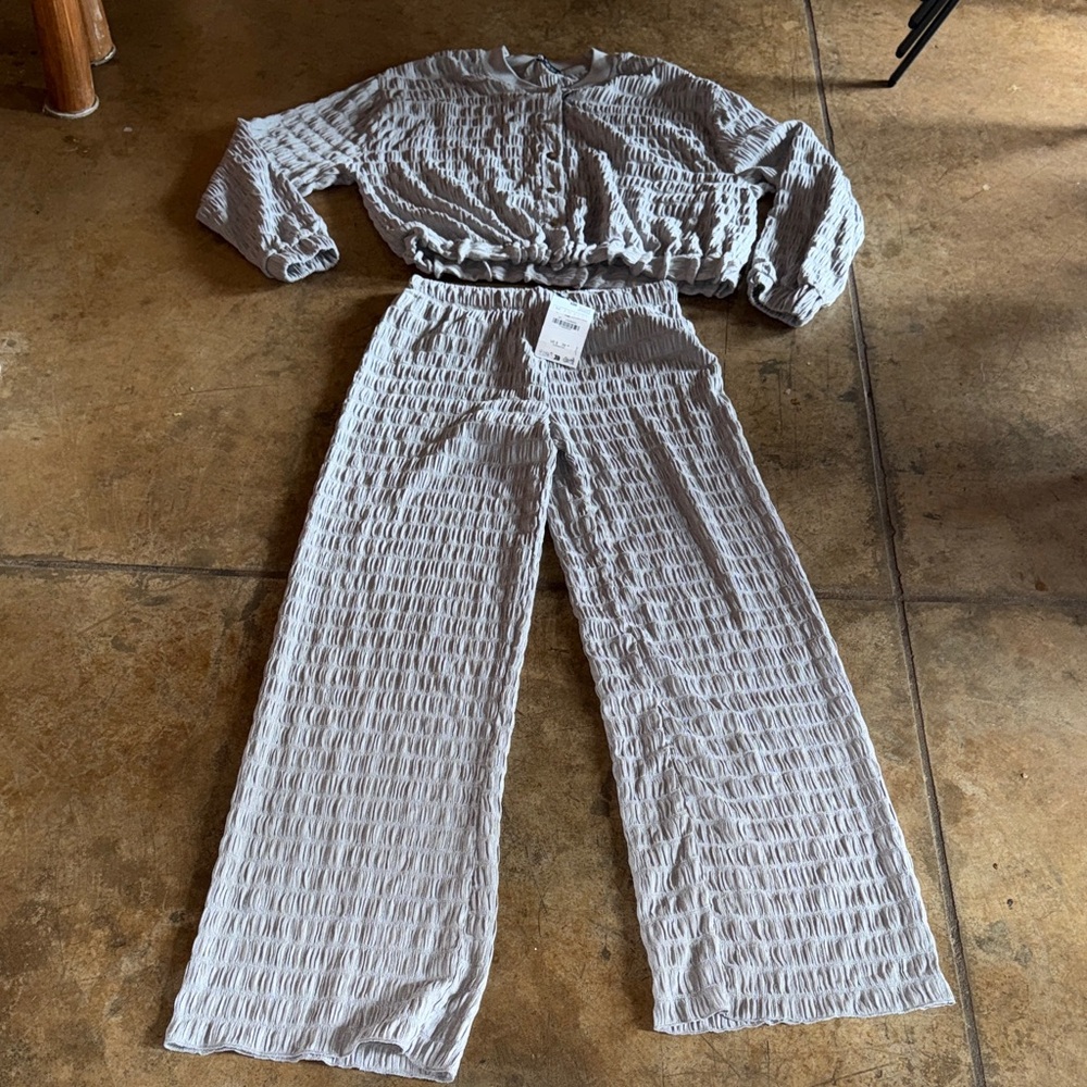 NWT Zara Textured ruched gray bomber jacket & wide leg pants coord set medium L - Picture 7 of 8